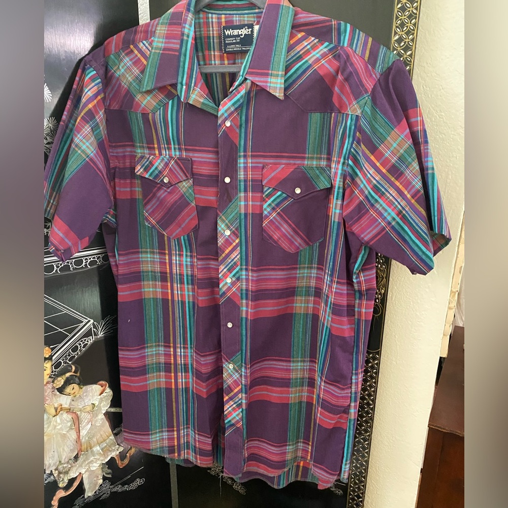 Vintage Wrangler Purple Plaid Pearl Snap Short Sleeve Button-Down Western Shirt